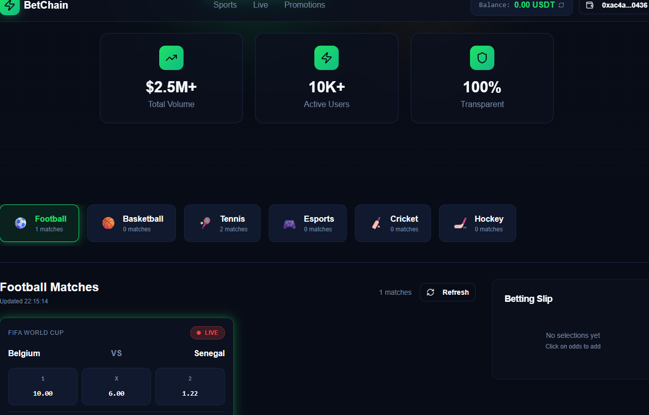 BetChain sportsbook dApp — Football, Basketball, Tennis markets with USDT balance
