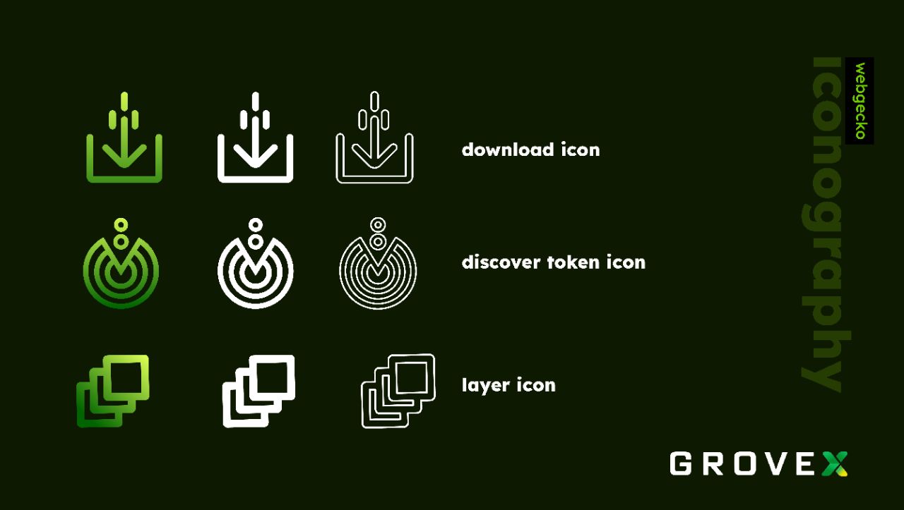 GroveX custom iconography — download, discover token, layer icons in three weights