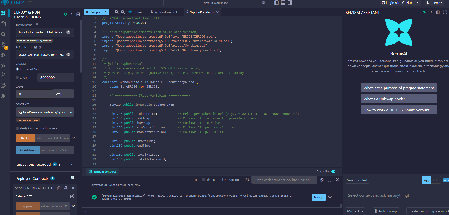 SyphonPresale Solidity contract in Remix — deploy to Polygon Mainnet